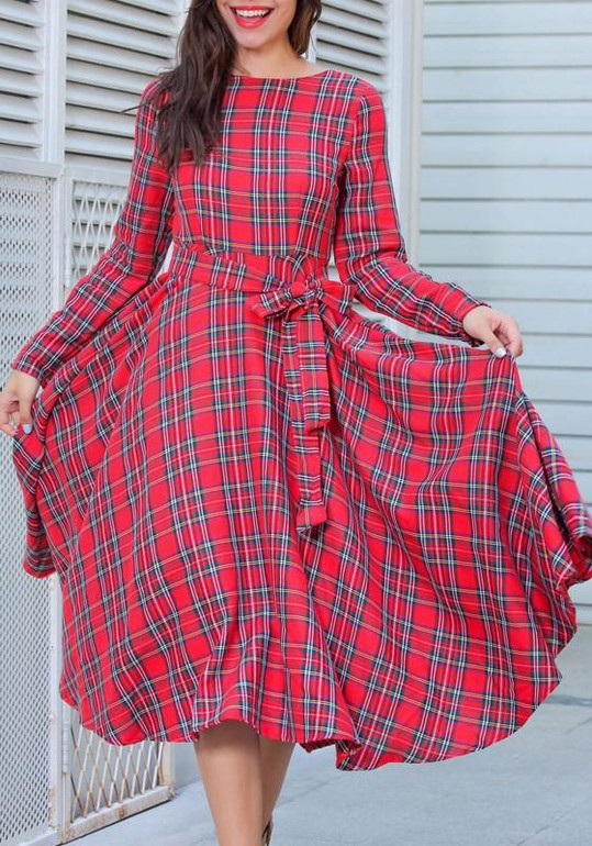 Red Plaid Belt Draped Round Neck Long Sleeve Vintage Midi Dress