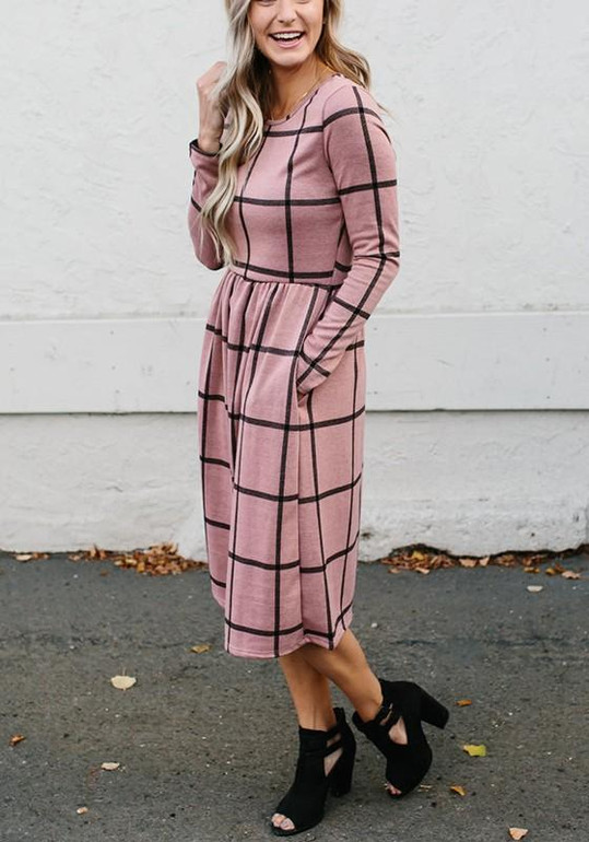 Pink Plaid Draped Long Sleeve Fashion Midi Dress