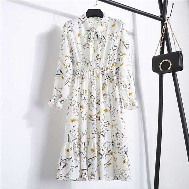 Office Long Sleeve Polka Dot Vintage Dress Women Autumn Dress Shirt Chiffon Midi Casual Red Floral Winter Dress