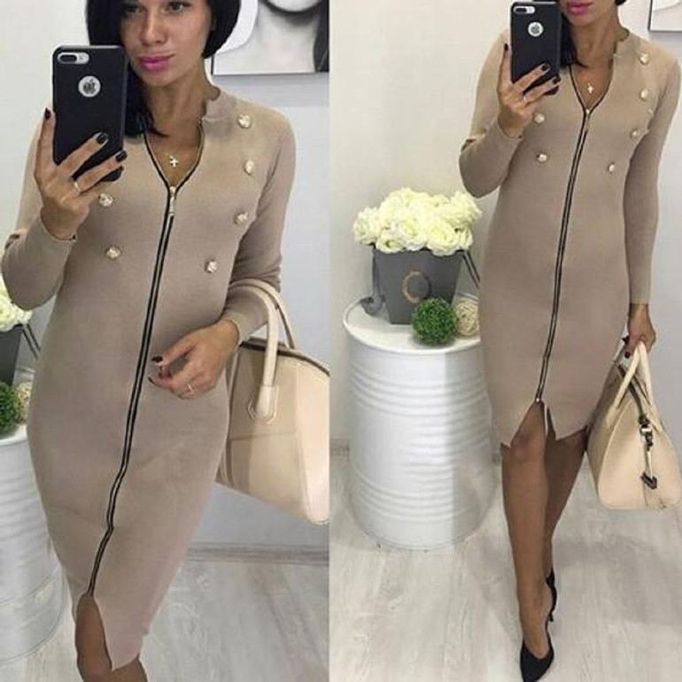 Khaki Zipper Studded Cut Out Long Sleeve Fashion Midi Dress