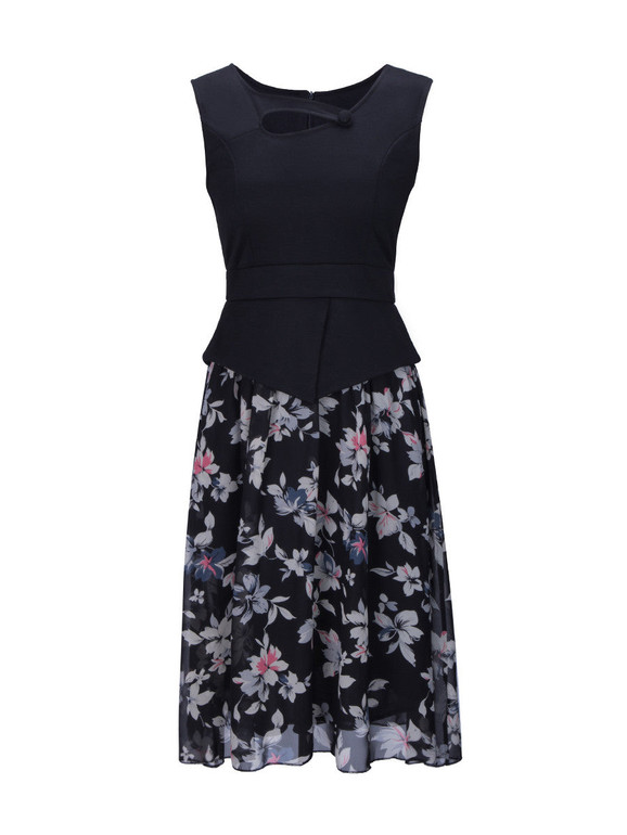 Casual Asymmetric Neck Patchwork Floral Printed Skater Dress