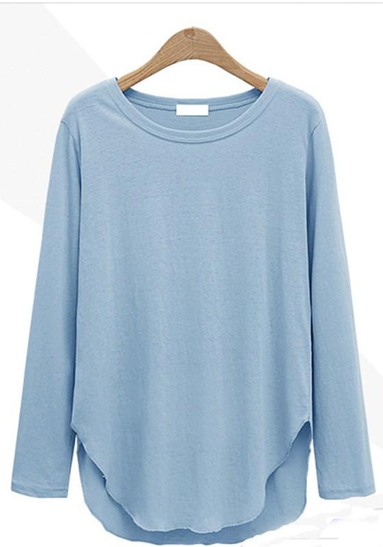 New Blue Irregular Round Neck Long Sleeve Loose T-Shirt