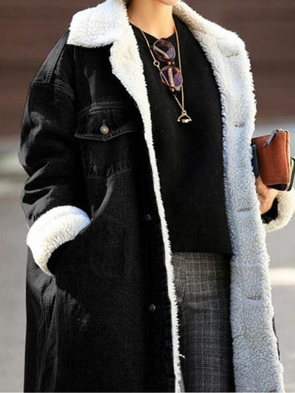 New Black Patchwork Fur Pockets Single Breasted Turndown Collar Long Sleeve Casual Coat
