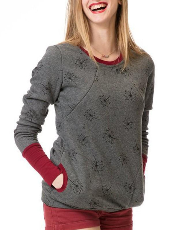 New Dark Grey Flowers Print Pockets Round Neck Long Sleeve Casual Maternity Sweatshirt