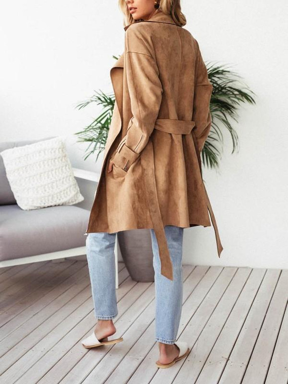 New Khaki Sashes Zipper Pockets Long Sleeve Ruffle Collar Casual Fashion Long Trench Coats