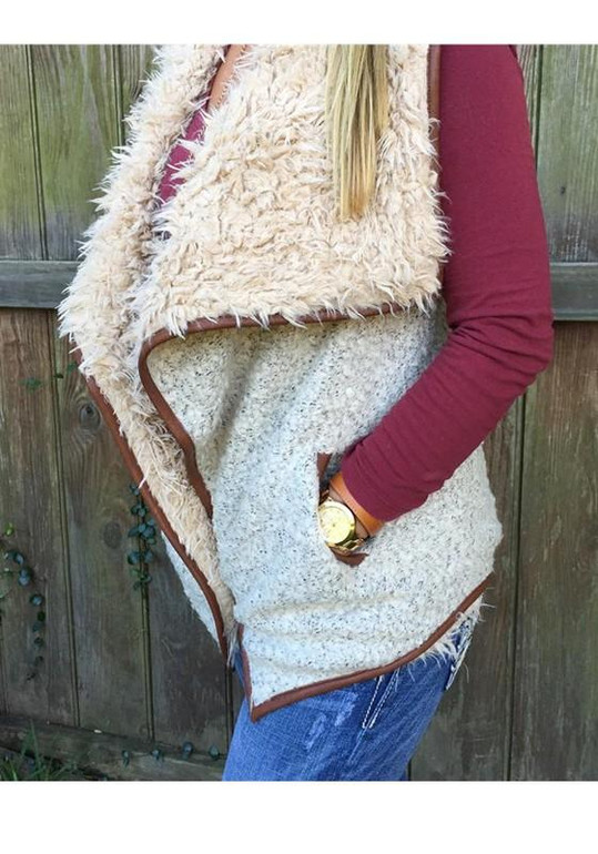 New Khaki Monogram Embroidery Pockets Fur Turndown Collar Lamb Wool Fashion Cardigan Coat