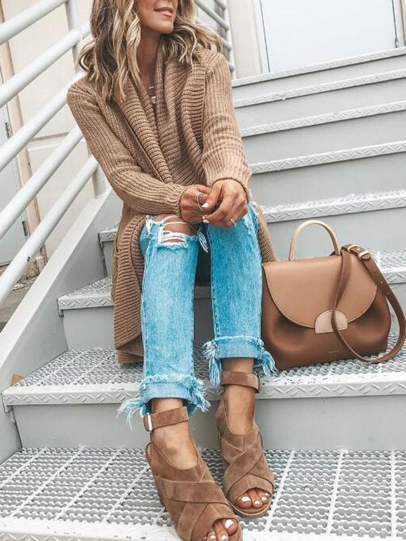 New Khaki Irregular Pockets Draped Collar Knit Casual Cardigan Coat