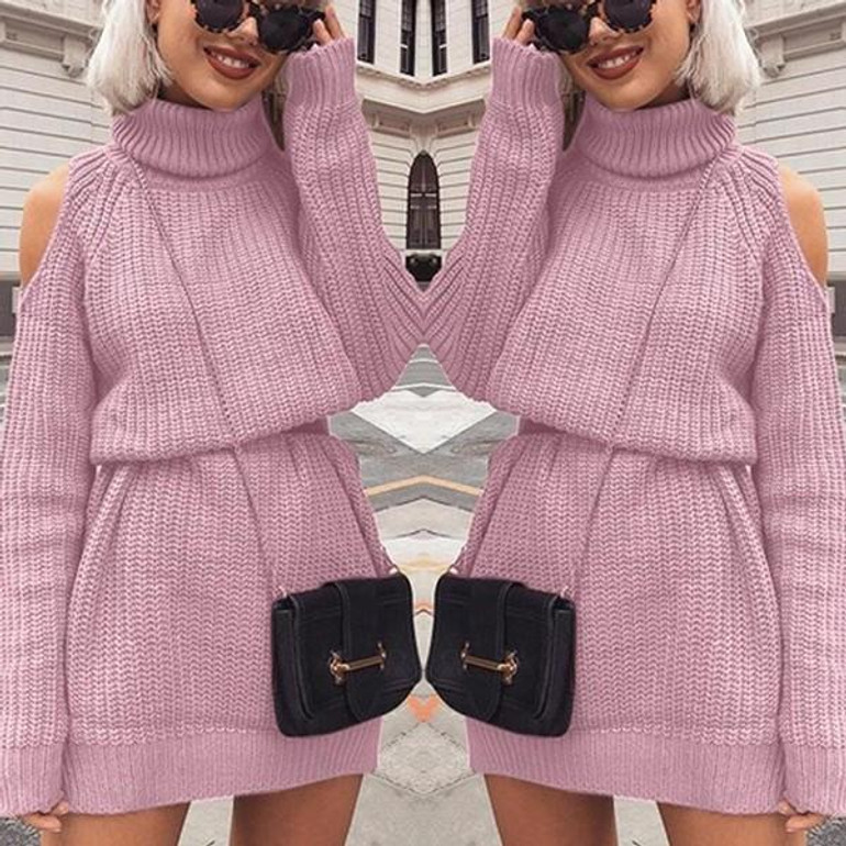 New Pink Cut Out High Neck Long Sleeve Fashion Mini Dress