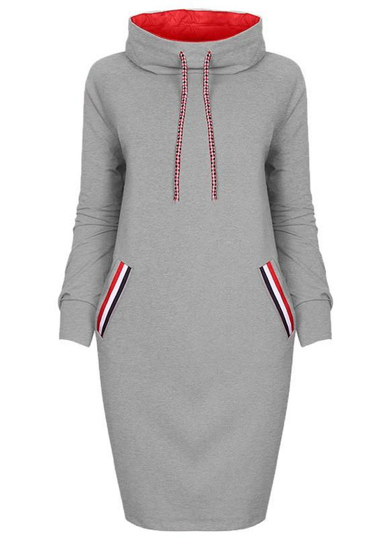 Grey Pockets Drawstring High Neck Long Sleeve Fashion Midi Dress