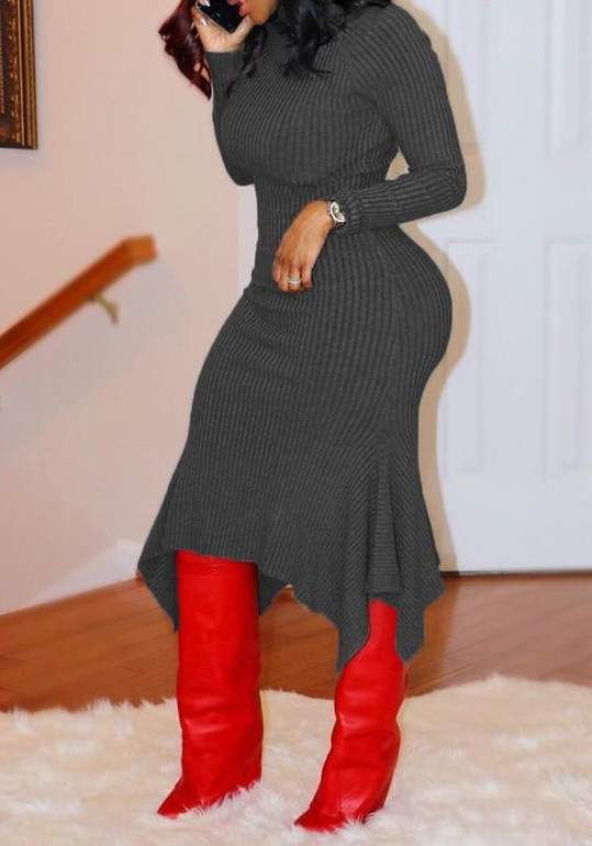 Grey Irregular Striped Round Neck Long Sleeve Bodycon Midi Dress