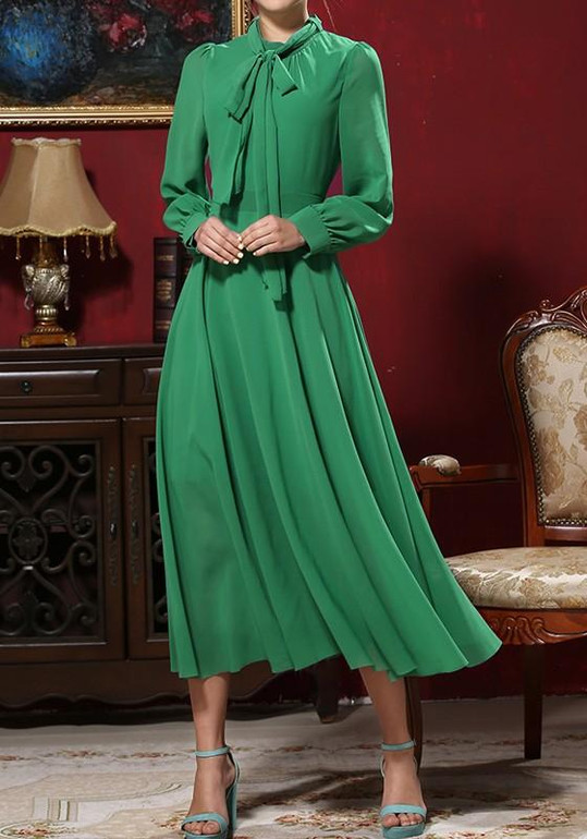 Green Draped Long Sleeve Fashion Loose Midi Dress