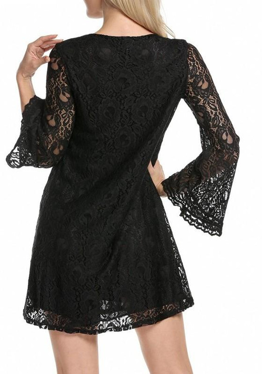 Black Draped Lace Double-deck V-neck Long Sleeve Midi Dress