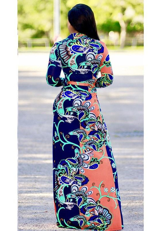 Orange Floral Print Belt V-neck Slits On Both Sides Bohemian Beach Midi Dress Orange Floral Print Belt V-neck Slits On Both Sides Bohemian Beach Midi Dress