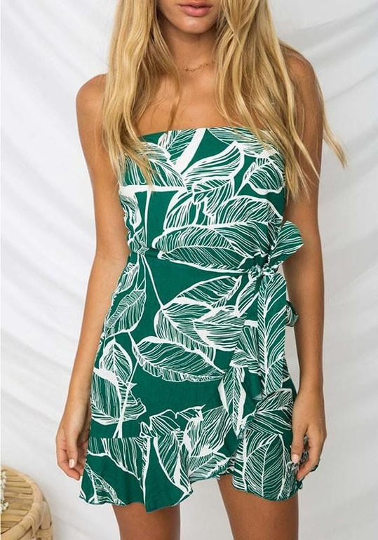 Green Floral Condole Belt Zipper Irregular Sashes Mini Dress Green Floral Condole Belt Zipper Irregular Sashes Mini Dress