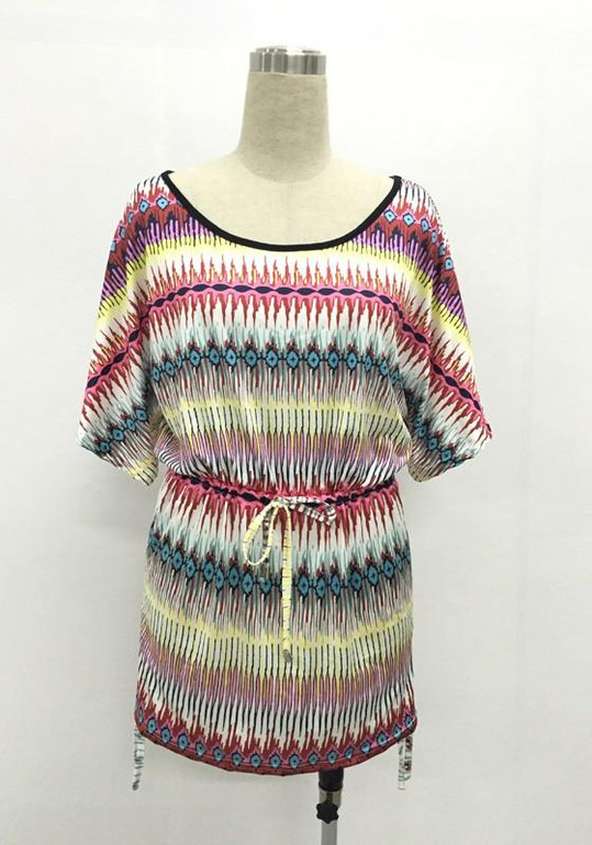 Casual Red Floral Drawstring Round Neck Elbow Sleeve Mini Dress