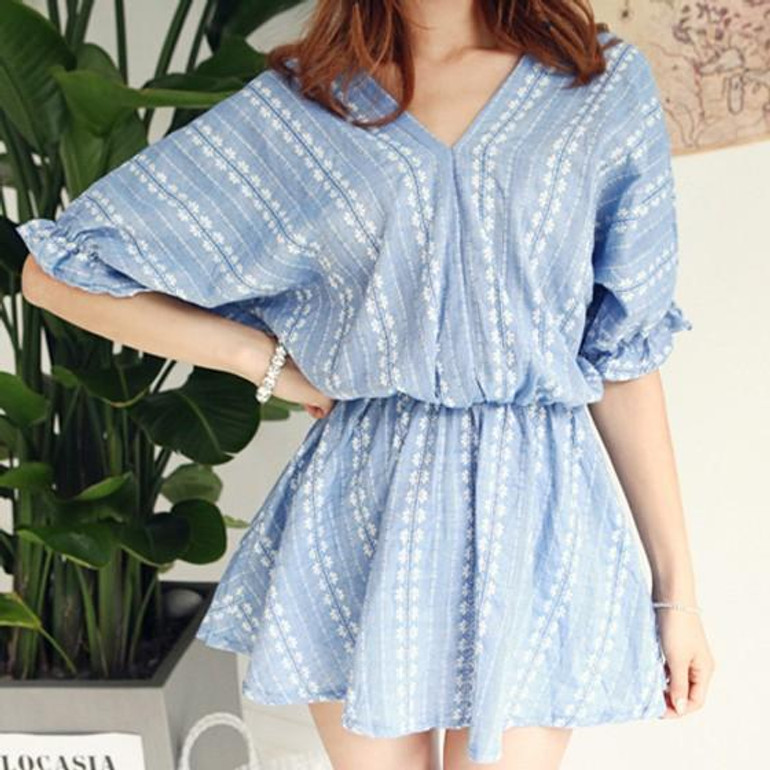 Casual Blue Floral Ruffle V-neck Elbow Sleeve Sweet Mini Dress