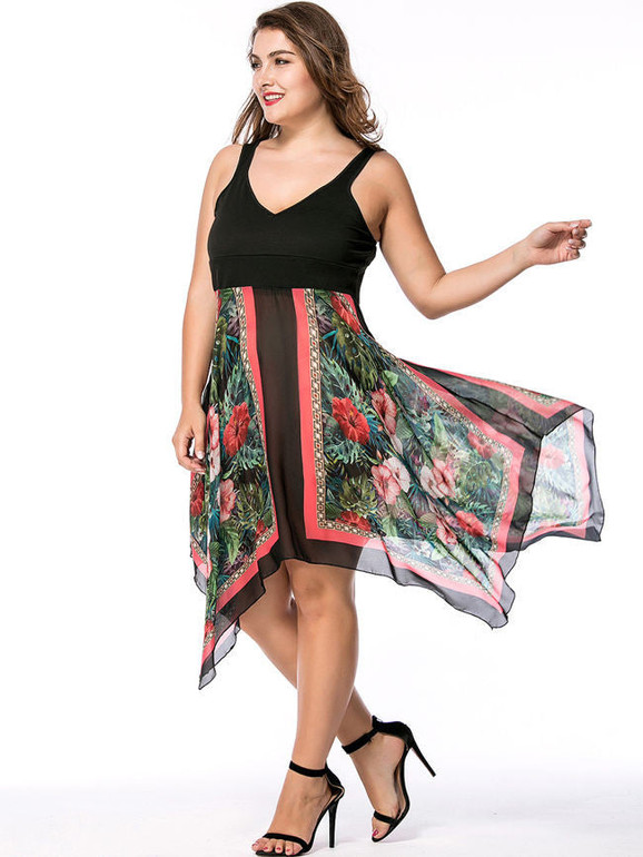 Casual Empire Spaghetti Strap Asymmetric Hem Floral Plus Size Flared Dress