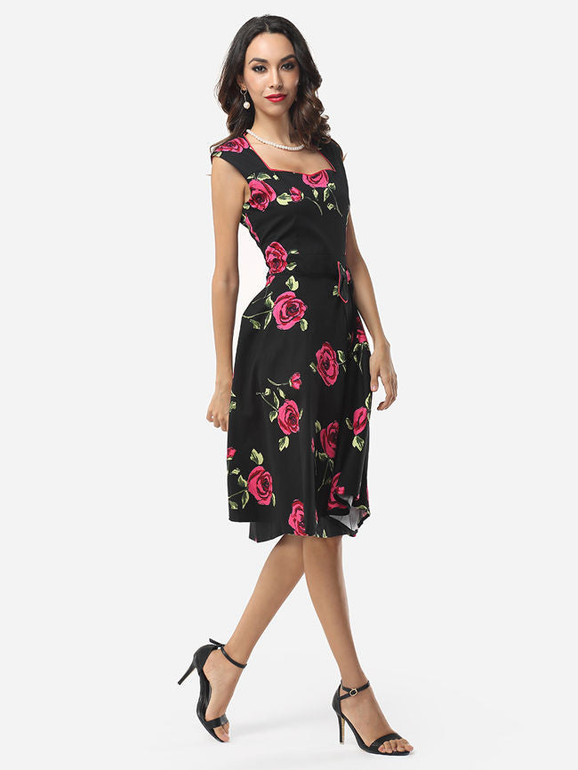 Casual Floral Printed Bowknot Graceful Sweet Heart Skater-dress