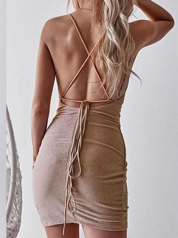 New Khaki Irregular Spaghetti Straps Backless Bodycon Party Mini Dress