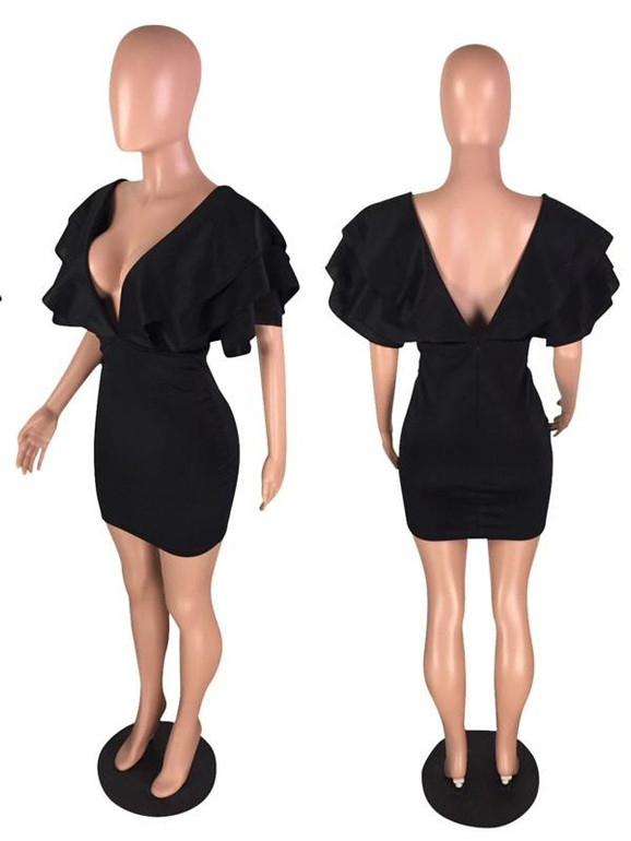 New Black Cascading Ruffle Bell Sleeve Deep V-neck Bodycon Party Mini Dress