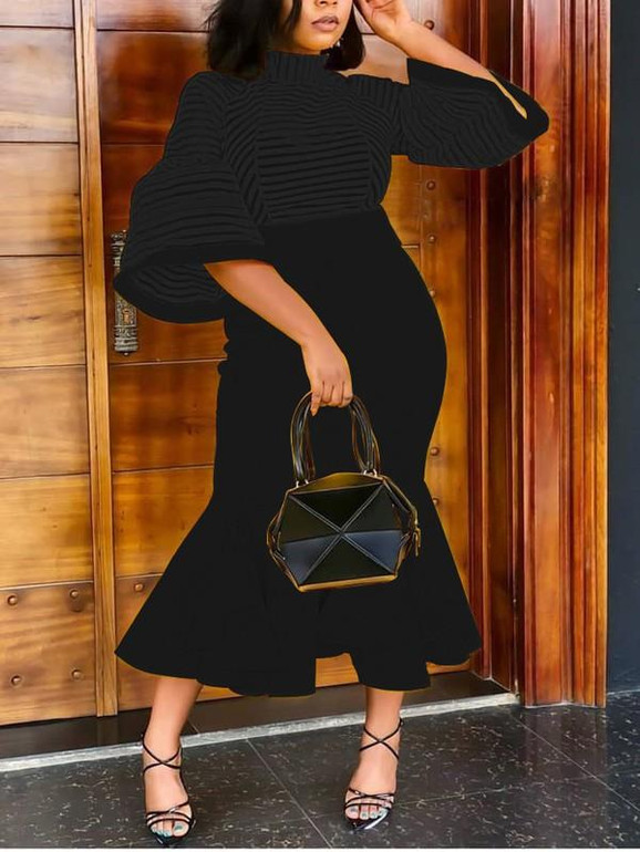 New Black Patchwork Grenadine Cascading Ruffle Bodycon Mermaid Lantern Sleeve Round Neck Party Elegant Maxi Dress