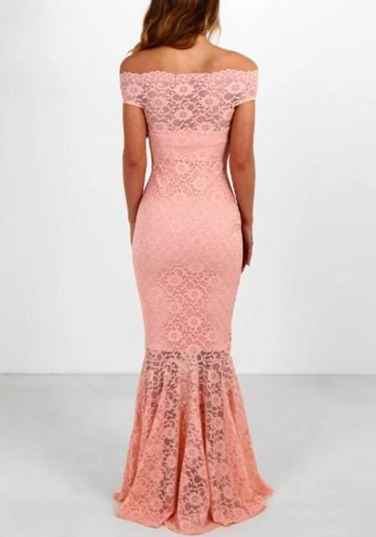 Pink Patchwork Lace Backless Bandeau Mermaid Bodycon Off Shoulder Sweet Bridesmaid Maxi Dress