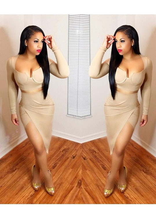 Beige Plain Irregular Side Slit Two Piece Bodycon Midi Dress