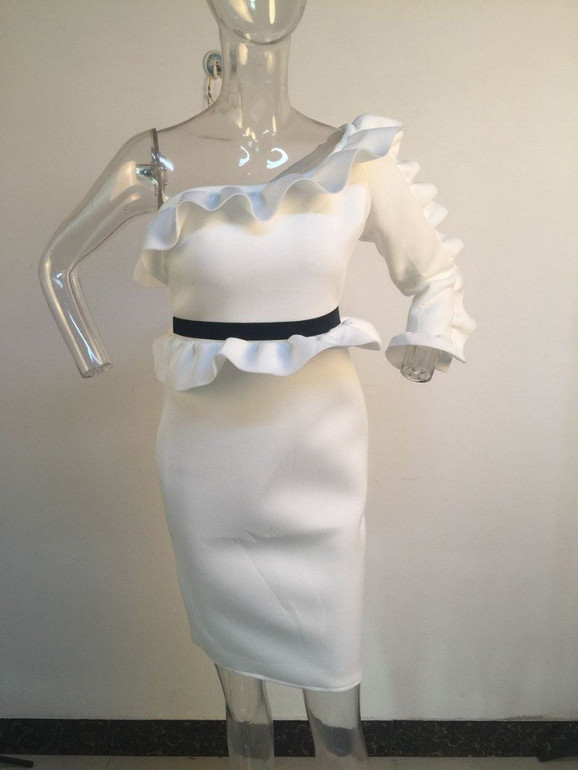 White Ruffle Asymmetric Shoulder Peplum High Waisted Bodycon Falbala Church Elegant Midi Dress
