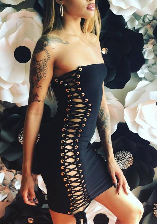 Black Cross Lace-up Bandeau Off Shoulder Backless Bodycon Clubwear Mini Dress