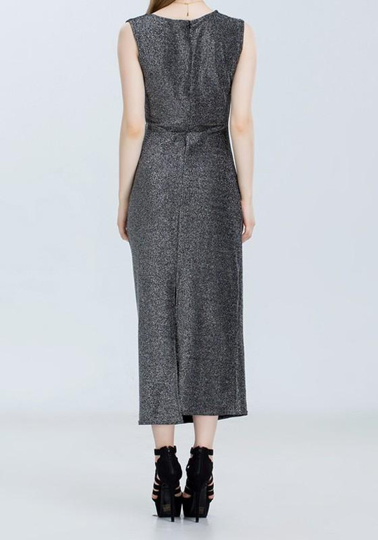 Black Silver Sequin Draped Side Slit V-neck Elegant Bodycon Bridesmaid Sleeveless Maxi Dress