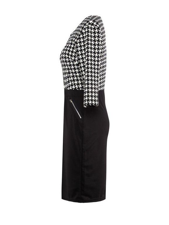 Casual Office Round Neck Zips Houndstooth Bodycon Dress