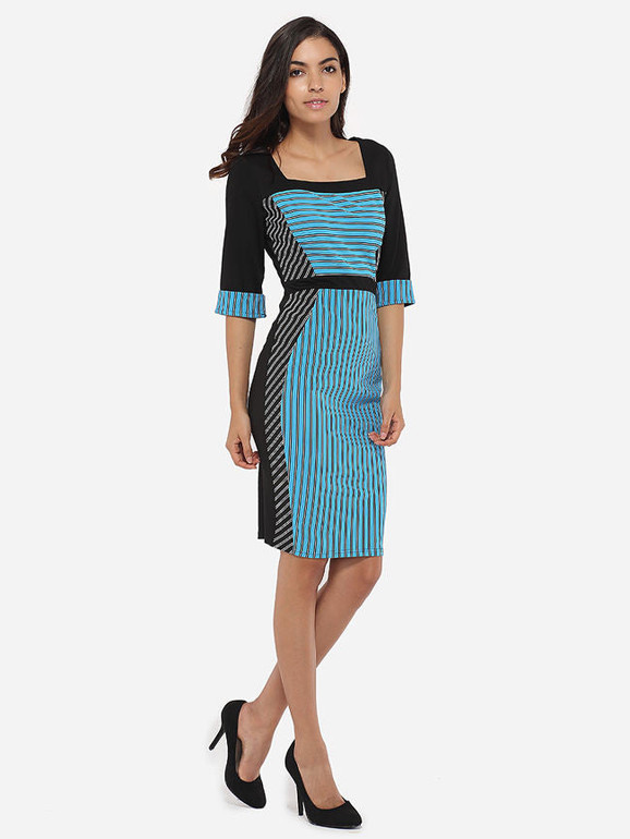 Casual Square Neck Dacron Patchwork Striped Bodycon-dress Casual Square Neck Dacron Patchwork Striped Bodycon-dress
