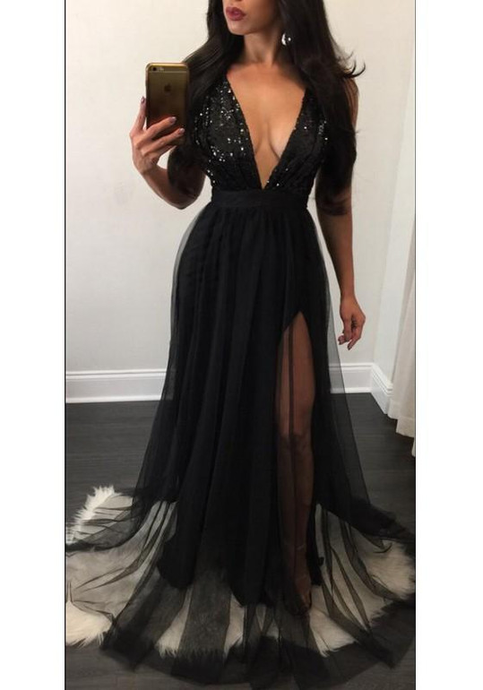 Black Patchwork Grenadine Sequin Cross Back Backless Plunging Neckline Gowns Party Maxi Dress Black Patchwork Grenadine Sequin Cross Back Backless Plunging Neckline Gowns Party Maxi Dress