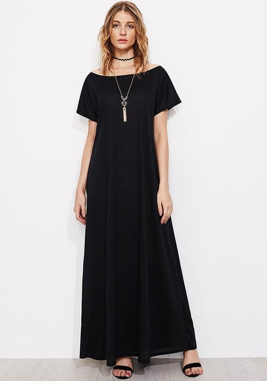 Black Patchwork Bow Irregular Backless Round Neck Short Sleeve Maxi Dress