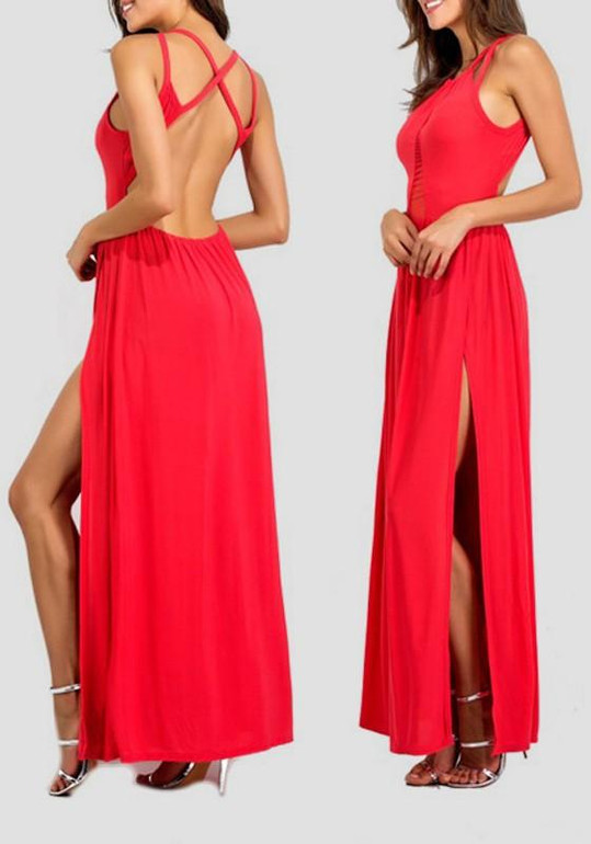 Red Patchwork Irregular Grenadine Backless Sleeveless Maxi Dress