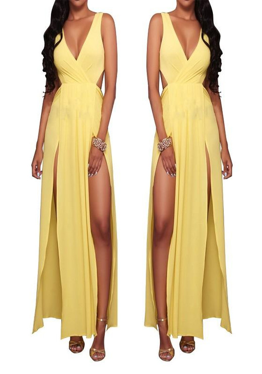 Yellow Plain Tie Back Side Slit Backless Chiffon Maxi Dress