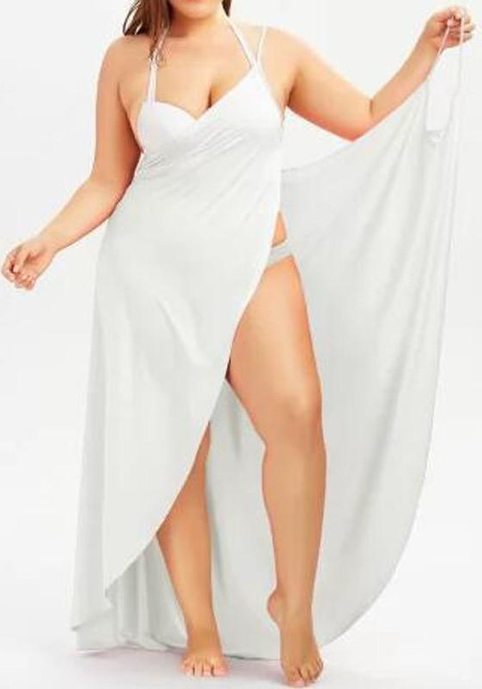 White Draped Backless Irregular V-neck Spaghetti Strap Plus Size Beach Maxi Dress