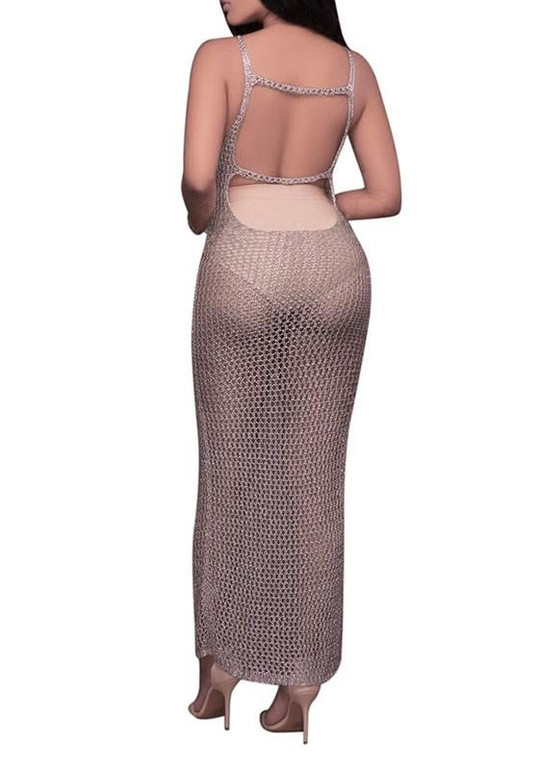 Dark Pink Hollow-out Backless Side Slit Spaghetti Strap See-through Clubwear Maxi Dress