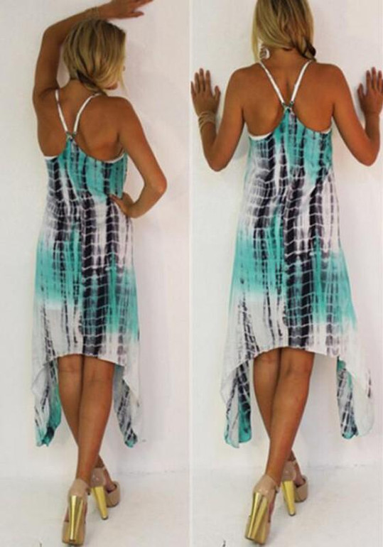White Green Irregular Draped Tie Dye Spaghetti Strap Flowy Beach Boho Maxi Dress