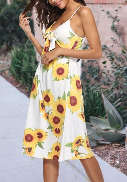 White Sunflower Print Cut Out Spaghetti Strap Bowknot Country Bohemian Party Midi Dress