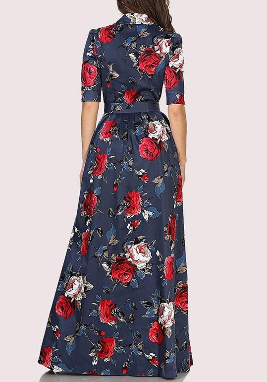Dark Blue Flowers Belt Single Breasted Draped Turndown Collar Maxi Dress