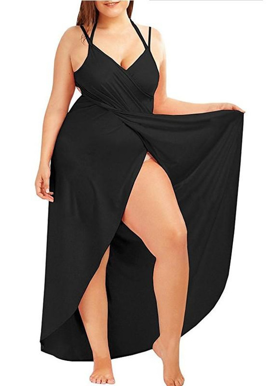 Black Draped Backless Irregular V-neck Spaghetti Strap Plus Size Beach Maxi Dress