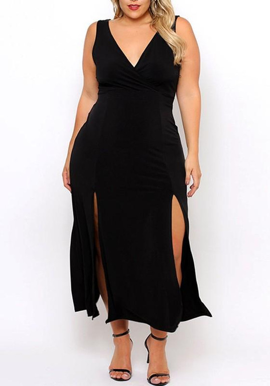Black Condole Belt Side Slit Plus Size Prom Evening Party Clubwear Maxi Dress