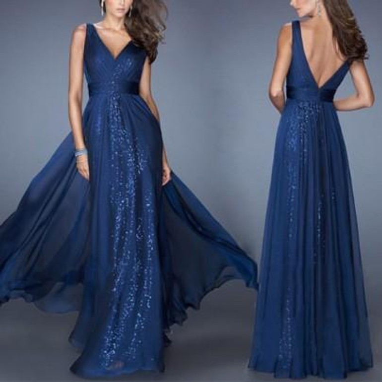 Blue Sequin Bridesmaid Prom Evening Party V-neck Party Chiffon Maxi Dress Blue Sequin Bridesmaid Prom Evening Party V-neck Party Chiffon Maxi Dress