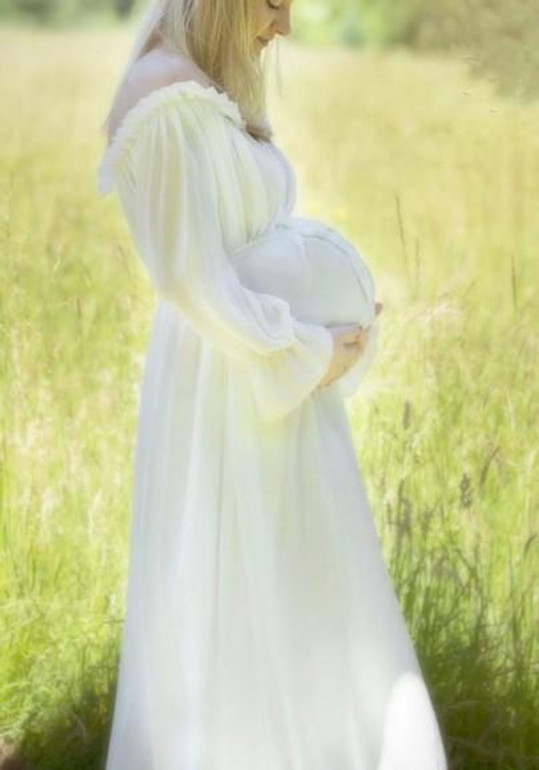 White Ruffle Draped Boat Neck Off Shoulder Maternity Flare Sleeve Elegant Maxi Dress