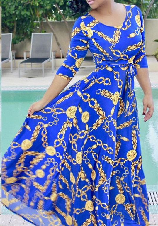 Casual Blue Chain Print Sashes Draped A-line Half Sleeve Bohemian Maxi Dress