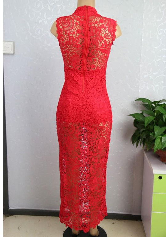 Casual Red Patchwork Lace Hollow-out Zipper High Neck Maxi Dress