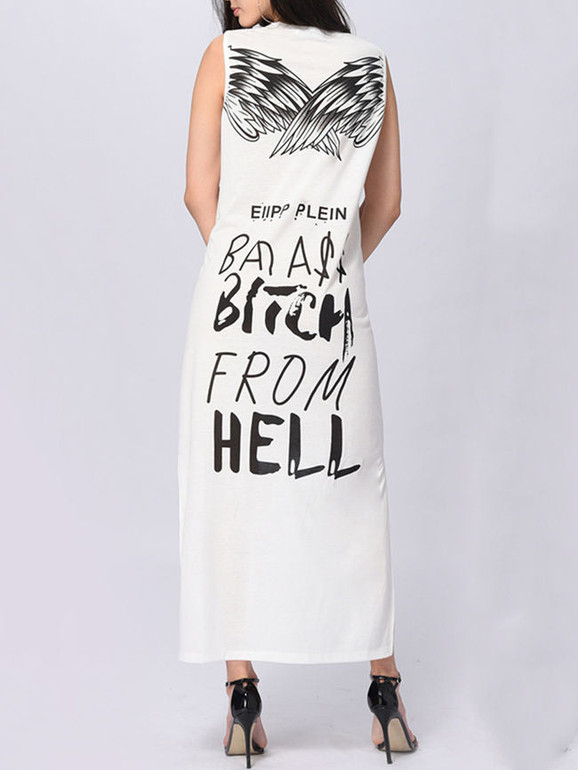 Casual Round Neck Trendy Printed High-Low Maxi Dress