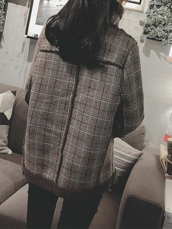 New Coffee Plaid Fur Zipper Pockets V-neck Fashion Outerwear
