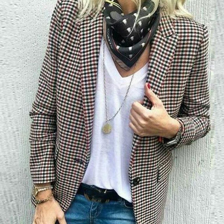 New Red Plaid Pockets Button Tailored Collar Office Worker/Daily Blazer